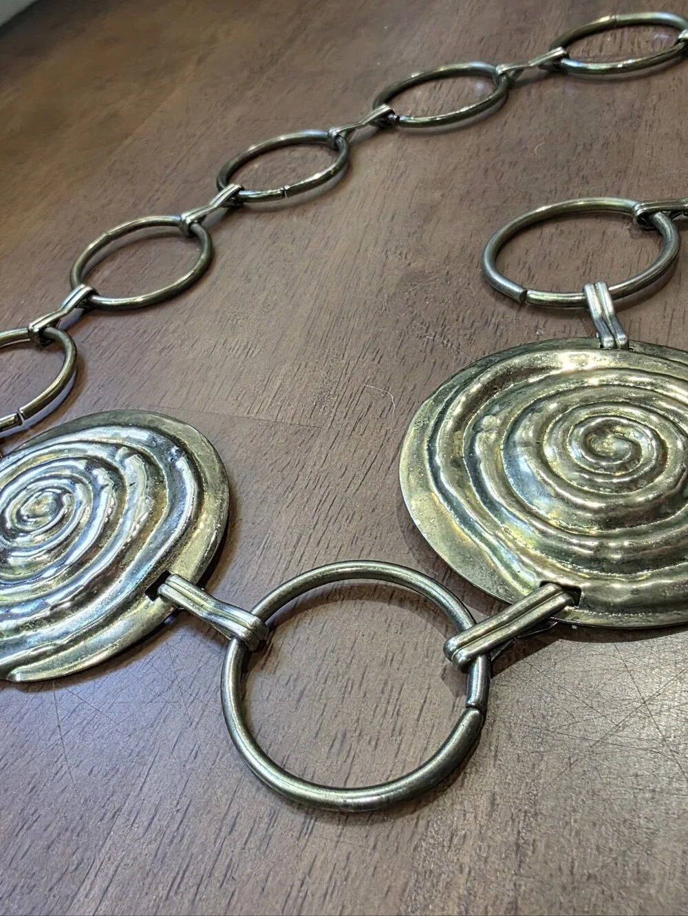Vintage Brass Spiral Medallion Chain Belt Boho Y2K Statement Coiled Swirl Link B
